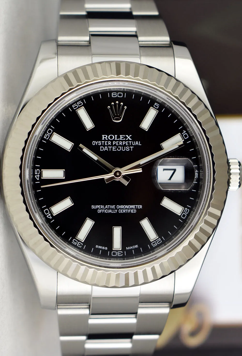 ROLEX 41mm 18kt White Gold & Stainless Steel DateJust II Black Index Model 116334