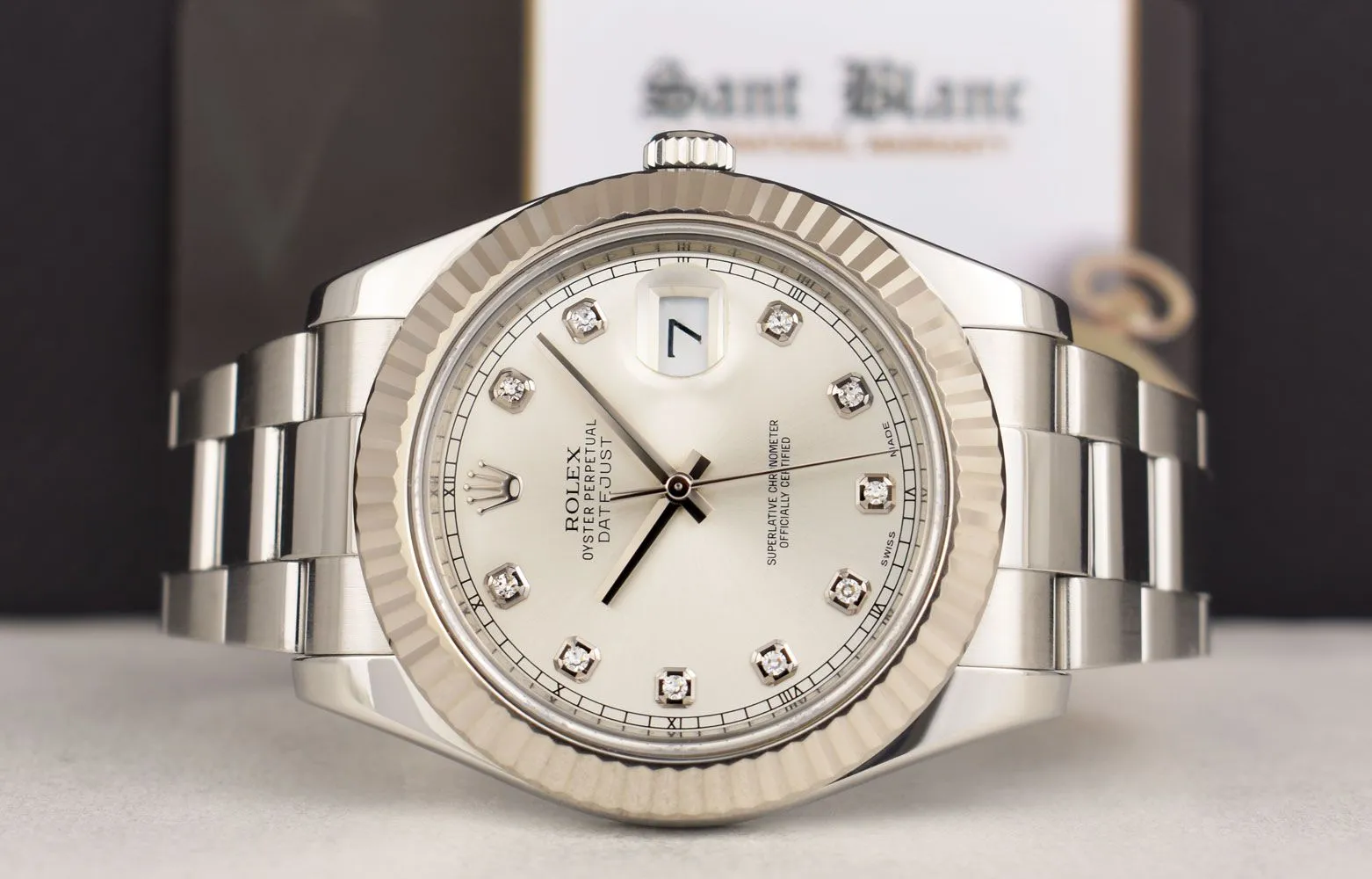 ROLEX 41mm 18kt White Gold & Stainless Steel DateJust II Silver Diamond Dial Model 116334