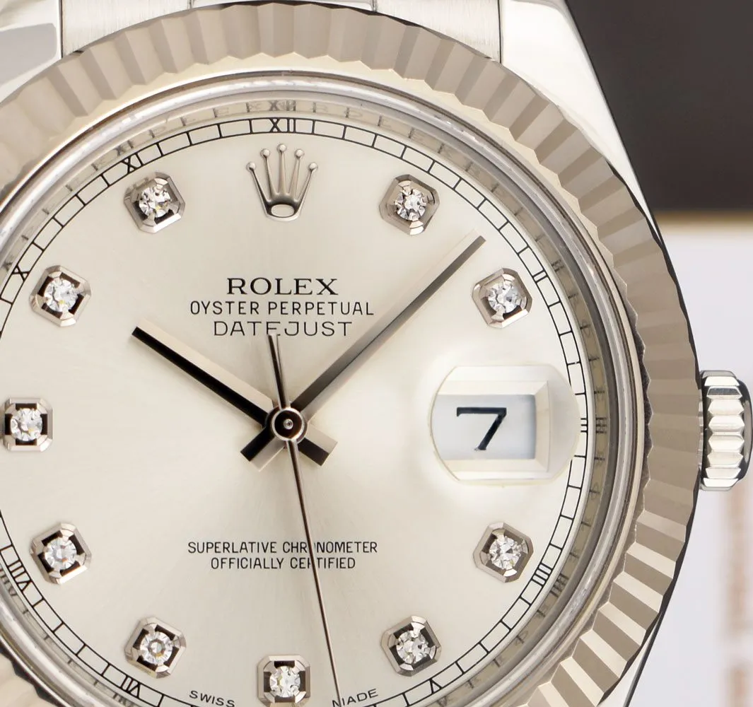 ROLEX 41mm 18kt White Gold & Stainless Steel DateJust II Silver Diamond Dial Model 116334