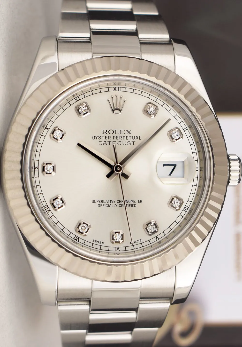 ROLEX 41mm 18kt White Gold & Stainless Steel DateJust II Silver Diamond Dial Model 116334