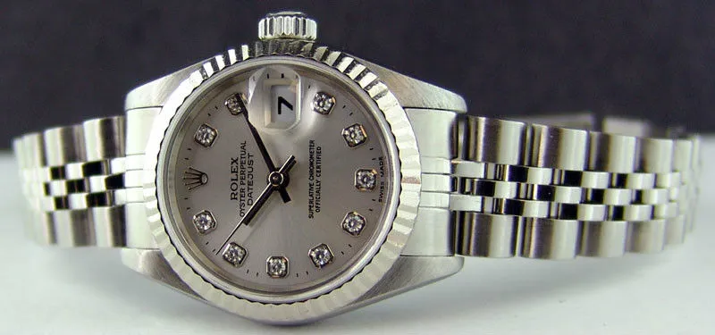 ROLEX Ladies 18kt White Gold & Stainless Steel DateJust Silver Diamond Dial Model 79174