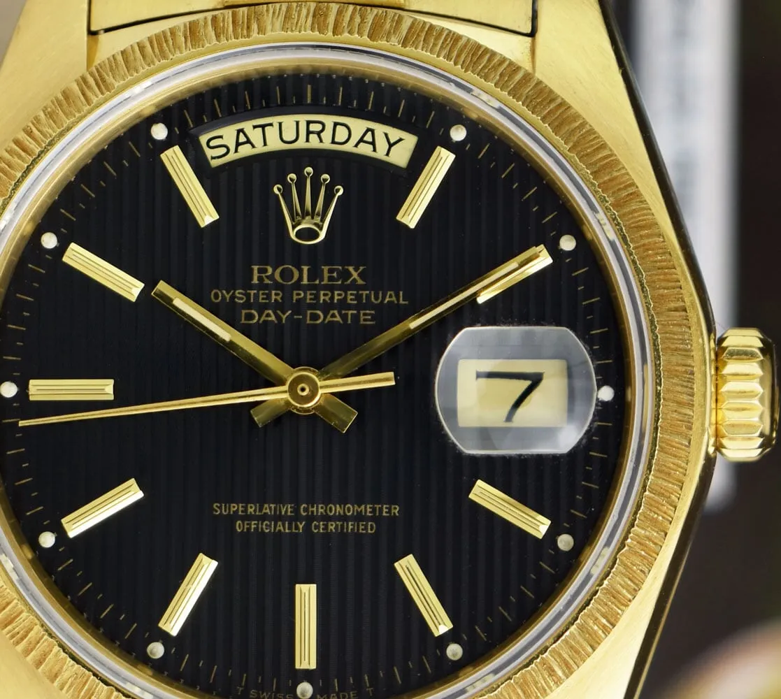 ROLEX Mens 18kt Gold Day Date Bark President Black Tapestry Stick Dial Model 18078