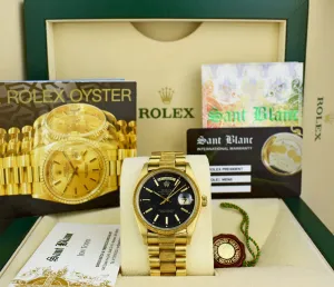 ROLEX Mens 18kt Gold Day Date Bark President Black Tapestry Stick Dial Model 18078
