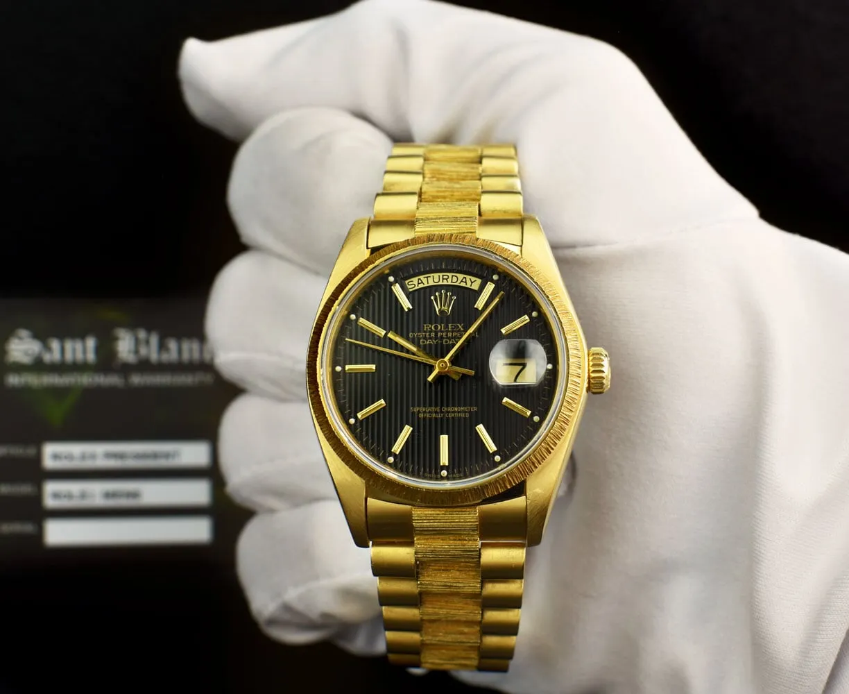 ROLEX Mens 18kt Gold Day Date Bark President Black Tapestry Stick Dial Model 18078
