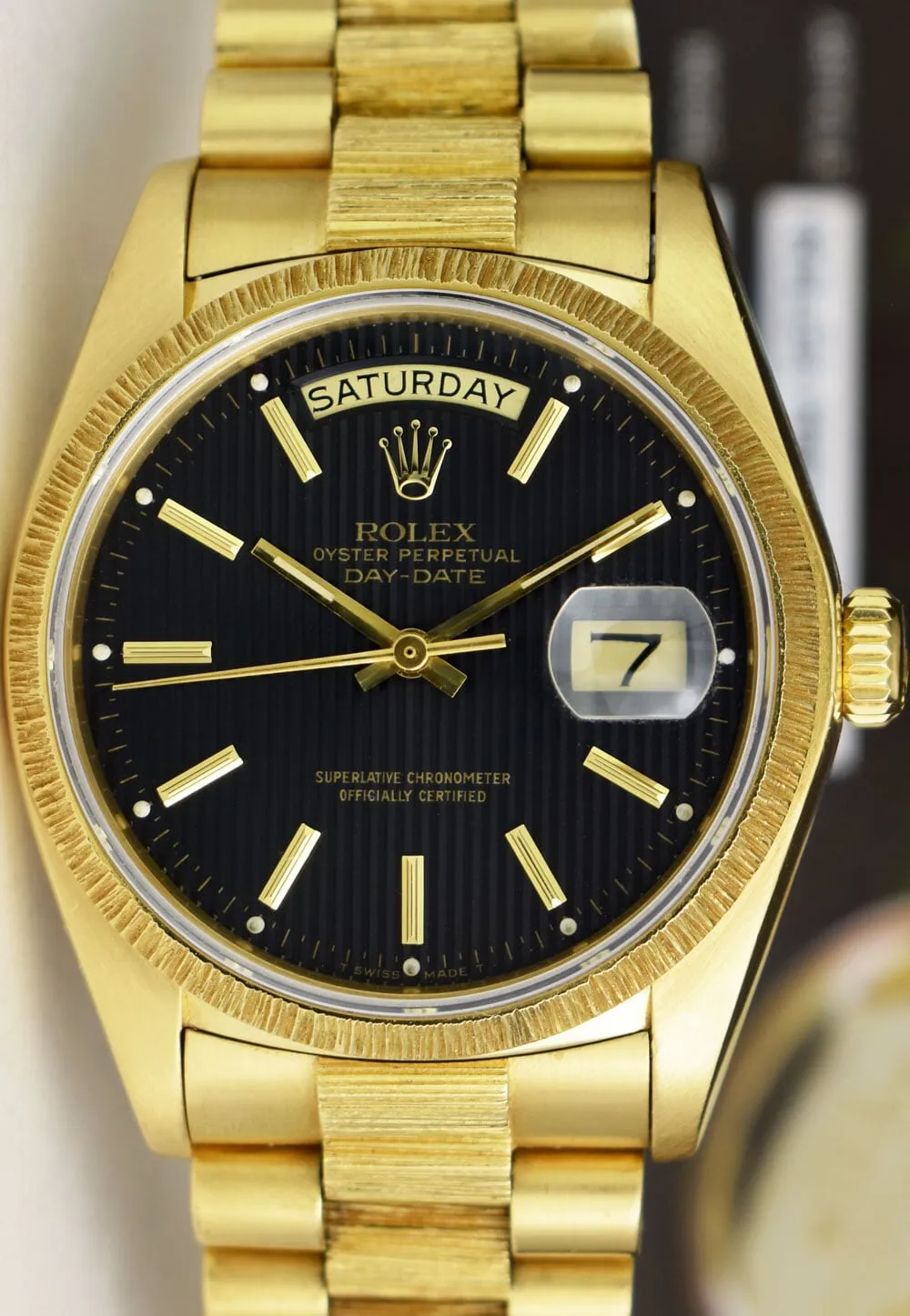ROLEX Mens 18kt Gold Day Date Bark President Black Tapestry Stick Dial Model 18078