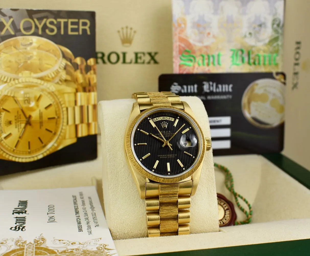 ROLEX Mens 18kt Gold Day Date Bark President Black Tapestry Stick Dial Model 18078