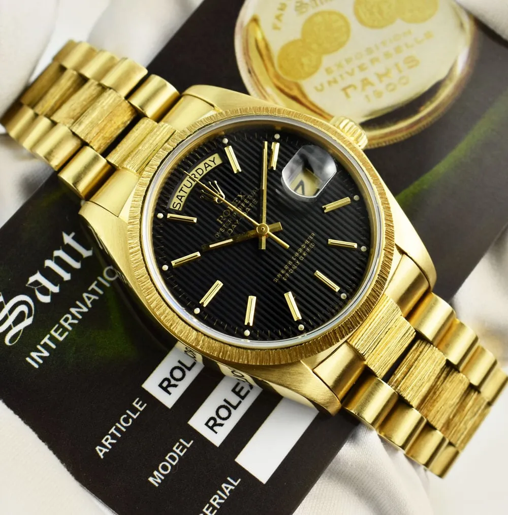 ROLEX Mens 18kt Gold Day Date Bark President Black Tapestry Stick Dial Model 18078