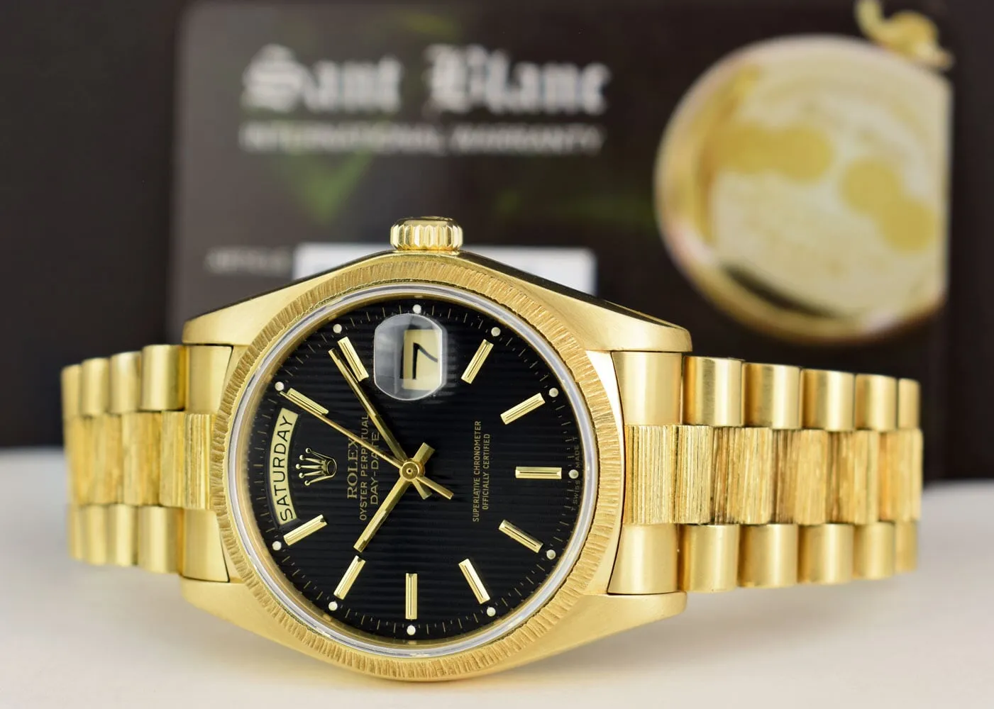 ROLEX Mens 18kt Gold Day Date Bark President Black Tapestry Stick Dial Model 18078