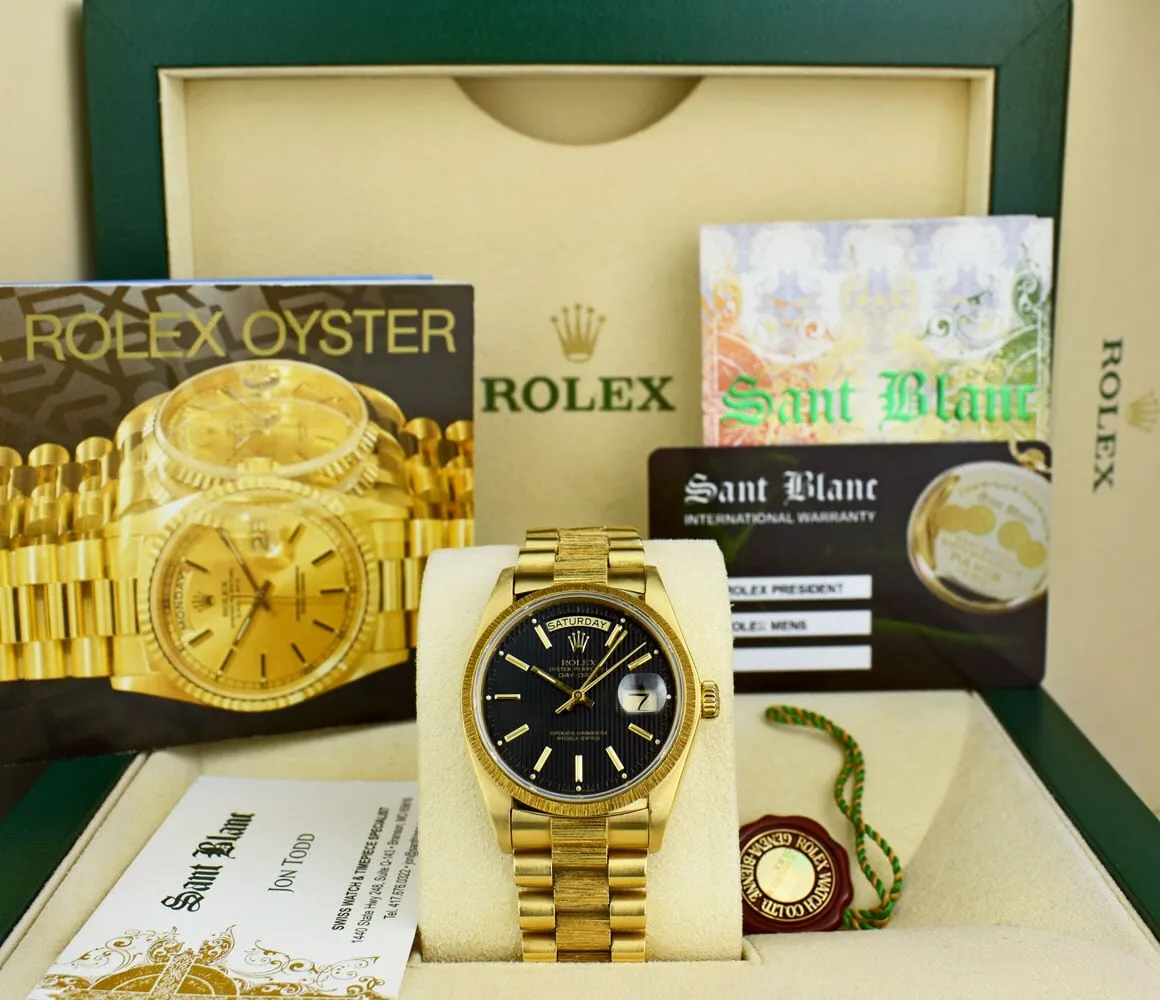 ROLEX Mens 18kt Gold Day Date Bark President Black Tapestry Stick Dial Model 18078