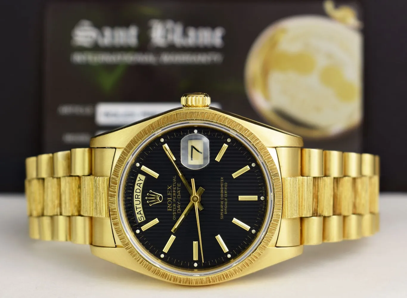ROLEX Mens 18kt Gold Day Date Bark President Black Tapestry Stick Dial Model 18078