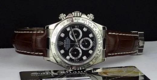 ROLEX Mens 18kt White Gold Daytona Brown Strap Black Diamond Model 116519