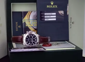 ROLEX Mens 18kt White Gold Daytona Brown Strap Black Diamond Model 116519
