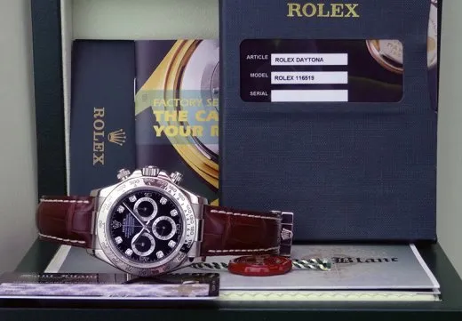ROLEX Mens 18kt White Gold Daytona Brown Strap Black Diamond Model 116519