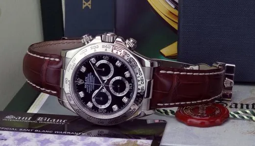 ROLEX Mens 18kt White Gold Daytona Brown Strap Black Diamond Model 116519