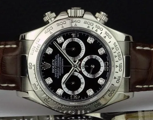 ROLEX Mens 18kt White Gold Daytona Brown Strap Black Diamond Model 116519