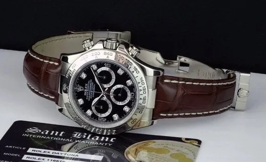 ROLEX Mens 18kt White Gold Daytona Brown Strap Black Diamond Model 116519