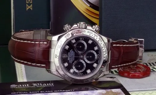 ROLEX Mens 18kt White Gold Daytona Brown Strap Black Diamond Model 116519