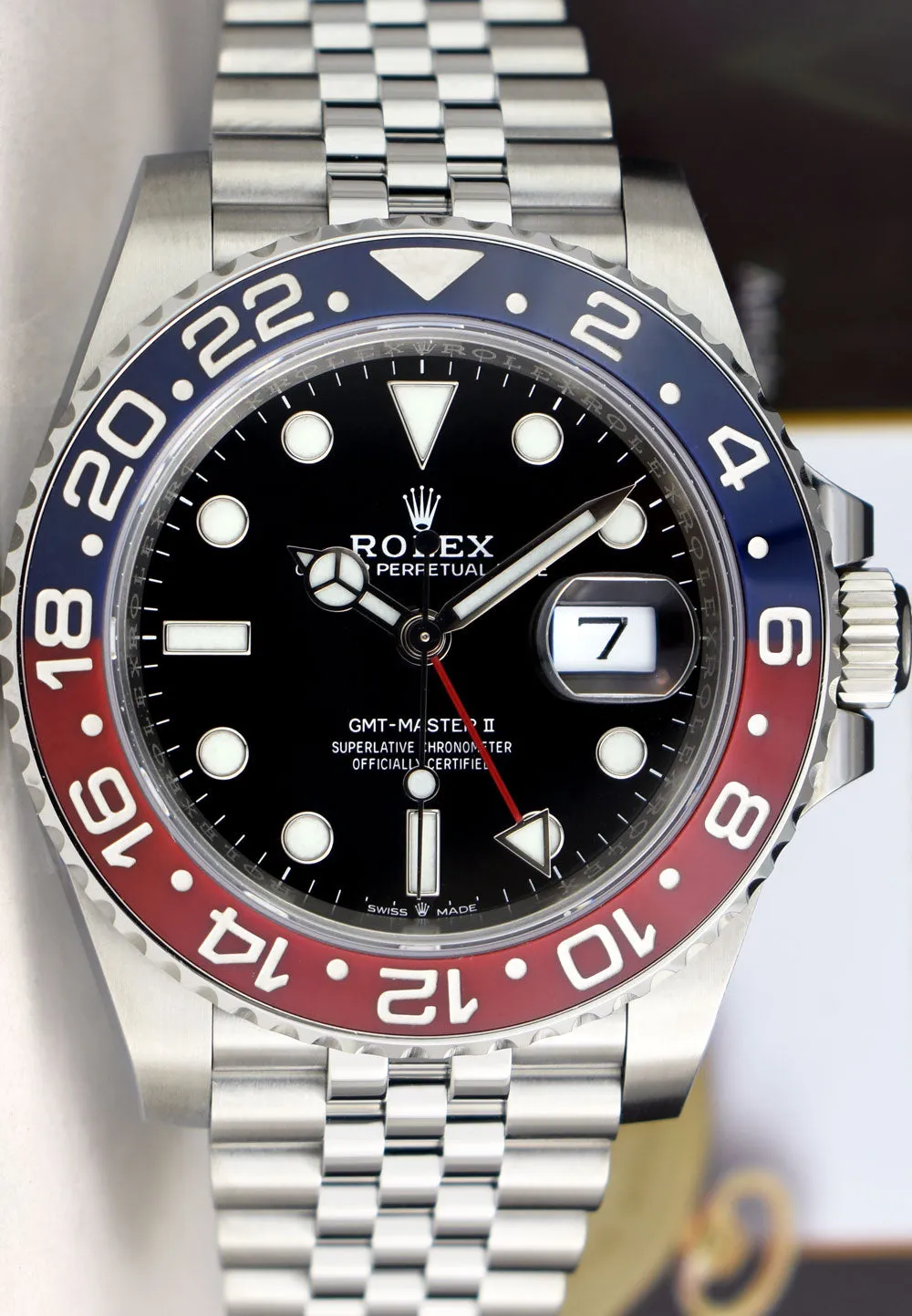 ROLEX Mens 40mm Stainless Steel GMT Master II PEPSI Ceramic Bezel 126710BLRO