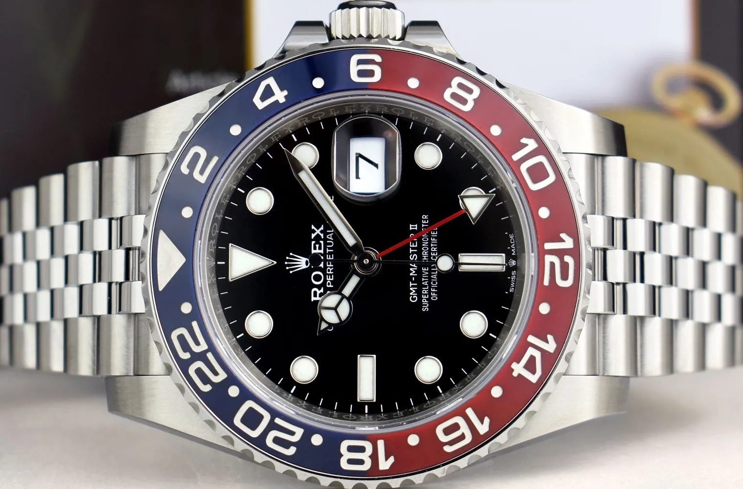 ROLEX Mens 40mm Stainless Steel GMT Master II PEPSI Ceramic Bezel 126710BLRO