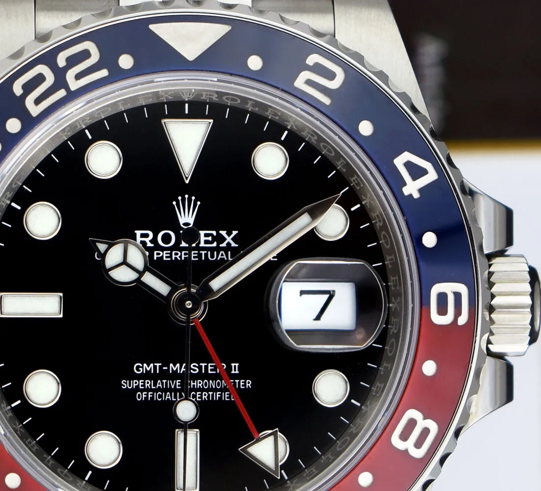 ROLEX Mens 40mm Stainless Steel GMT Master II PEPSI Ceramic Bezel 126710BLRO