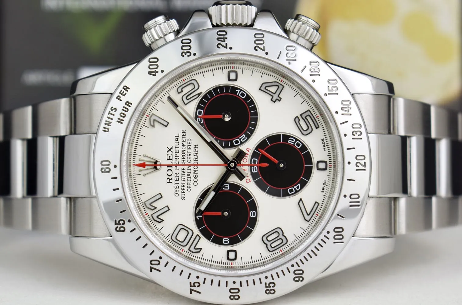 ROLEX Mens Stainless Daytona White Panda Red Hands Fat Buckle Model 116520