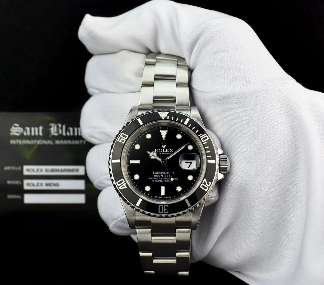 ROLEX Rehaut 40mm Stainless Submariner Black Index No Holes Model 16610