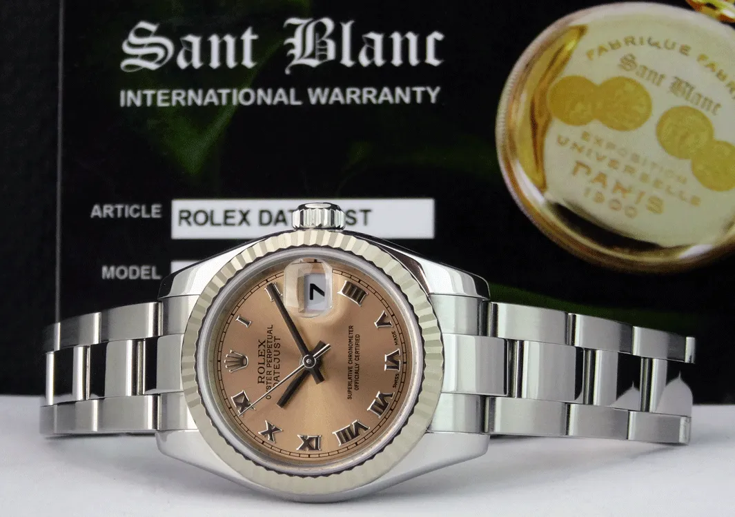 ROLEX REHAUT Ladies 26mm White Gold & Stainless Steel Datejust Rose Roman Dial Model 179174