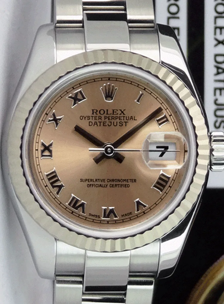 ROLEX REHAUT Ladies 26mm White Gold & Stainless Steel Datejust Rose Roman Dial Model 179174