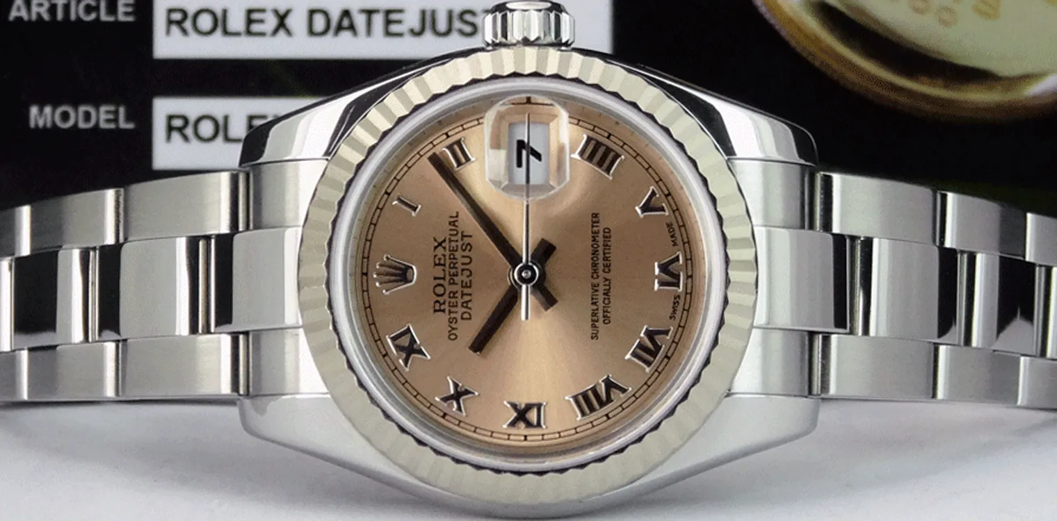ROLEX REHAUT Ladies 26mm White Gold & Stainless Steel Datejust Rose Roman Dial Model 179174