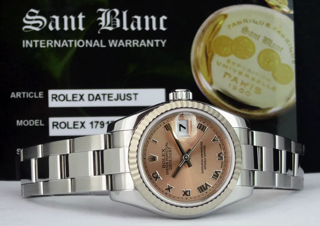 ROLEX REHAUT Ladies 26mm White Gold & Stainless Steel Datejust Rose Roman Dial Model 179174