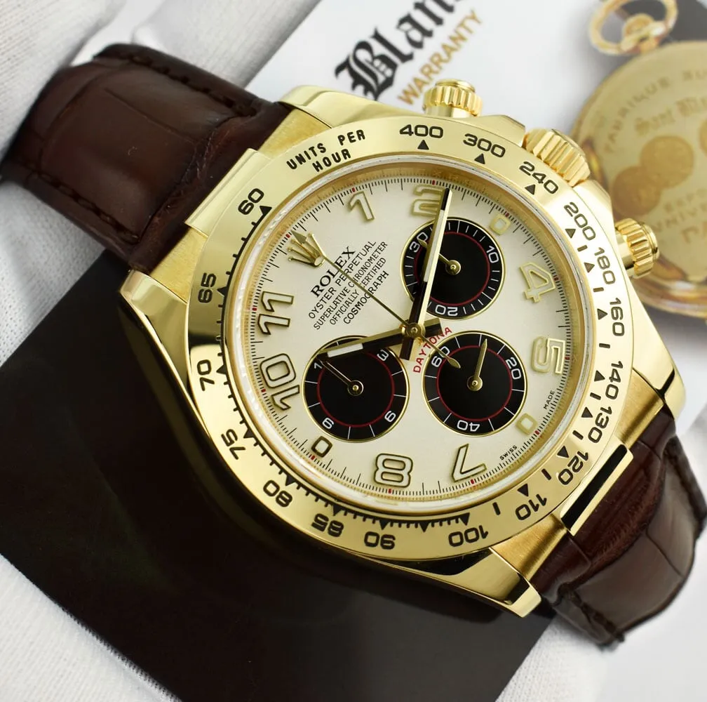 ROLEX Rehaut Mens 18kt Gold Daytona Panda Dial Burgundy Strap Model 116518