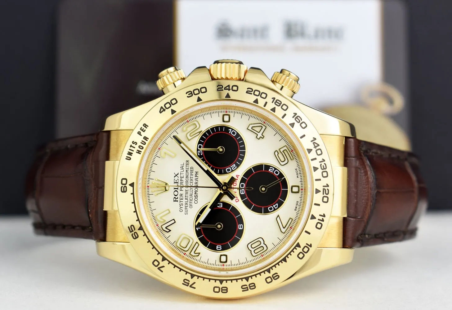 ROLEX Rehaut Mens 18kt Gold Daytona Panda Dial Burgundy Strap Model 116518