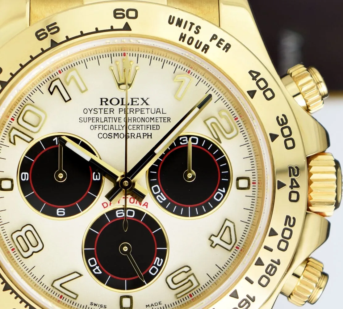 ROLEX Rehaut Mens 18kt Gold Daytona Panda Dial Burgundy Strap Model 116518