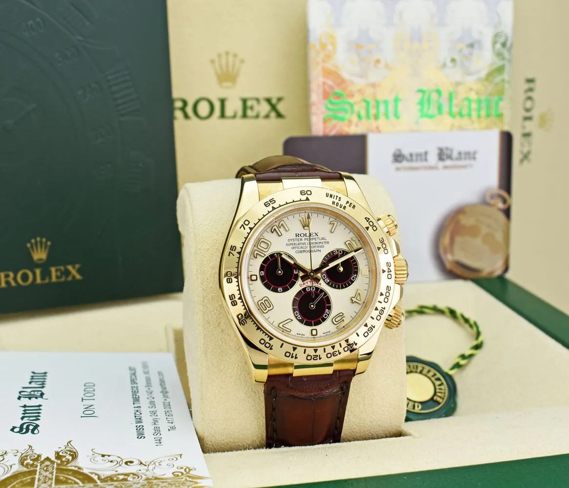 ROLEX Rehaut Mens 18kt Gold Daytona Panda Dial Burgundy Strap Model 116518