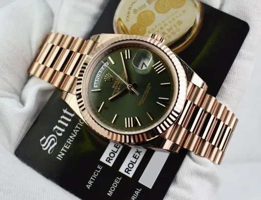 ROLEX Rose Gold DAY DATE 40 President Olive Green Roman CARD 228235