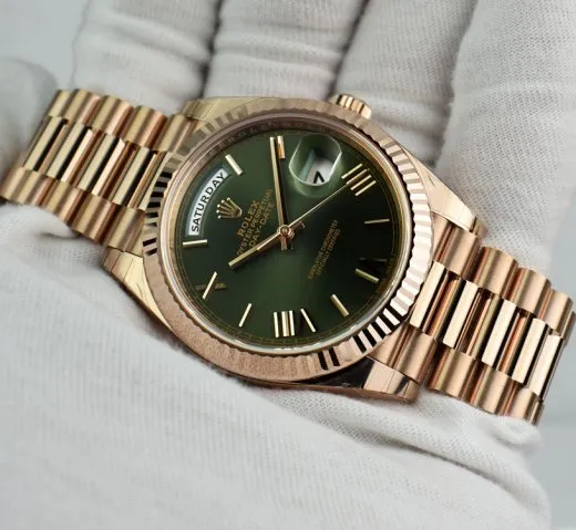 ROLEX Rose Gold DAY DATE 40 President Olive Green Roman CARD 228235