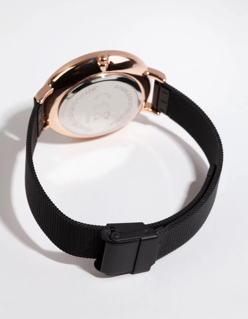 Rose Gold Simple Black Mesh Strap Watch