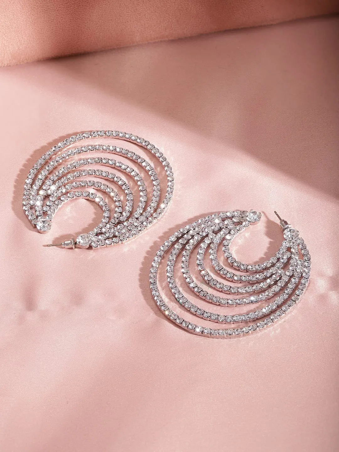 Rubans Rhodium-Plated American Diamond Contemporary Hoop Earrings