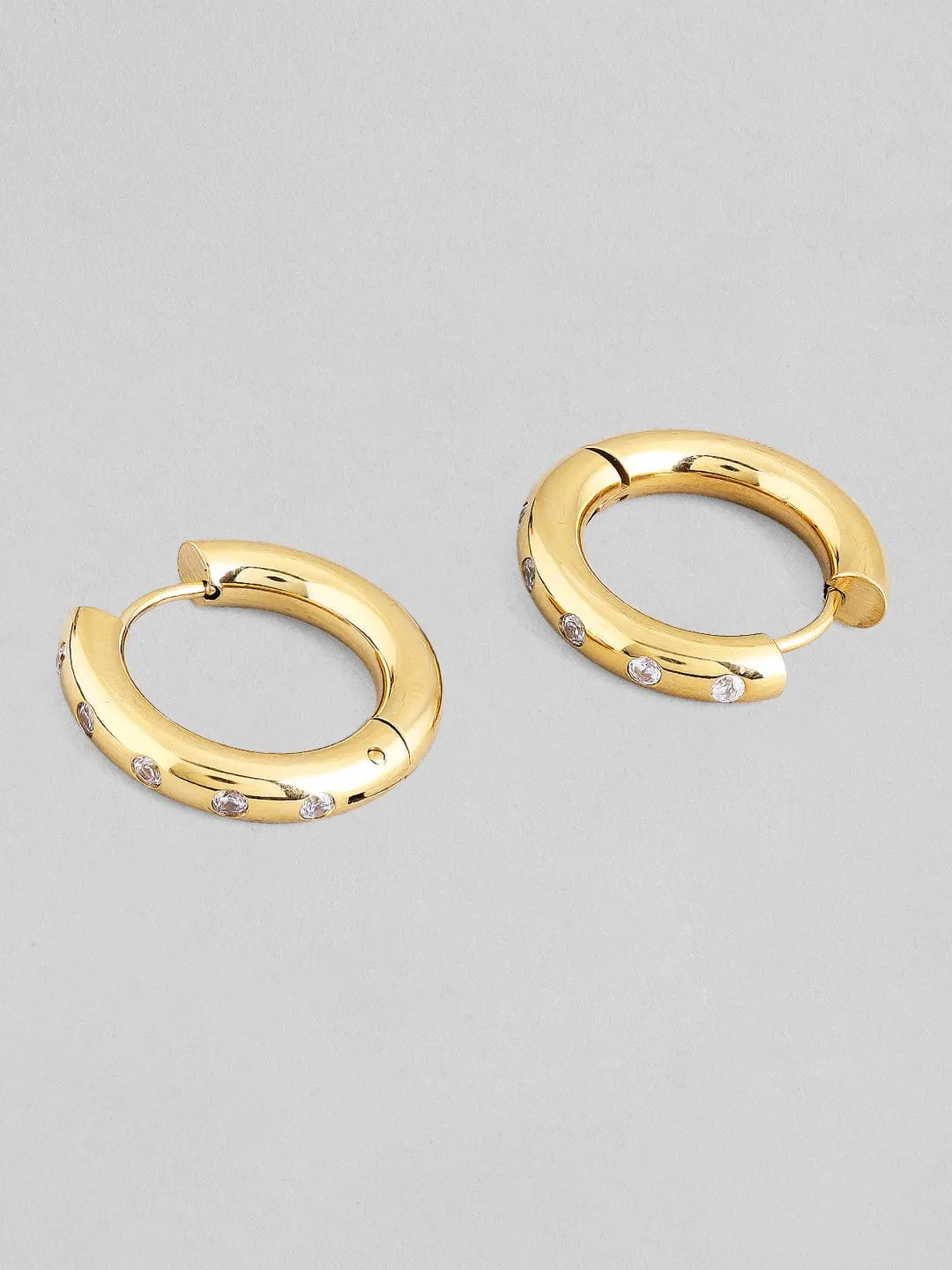 Rubans Voguish 18K Gold Plated Stainless Steel Waterproof Huggie Earrings With Zircons Studded