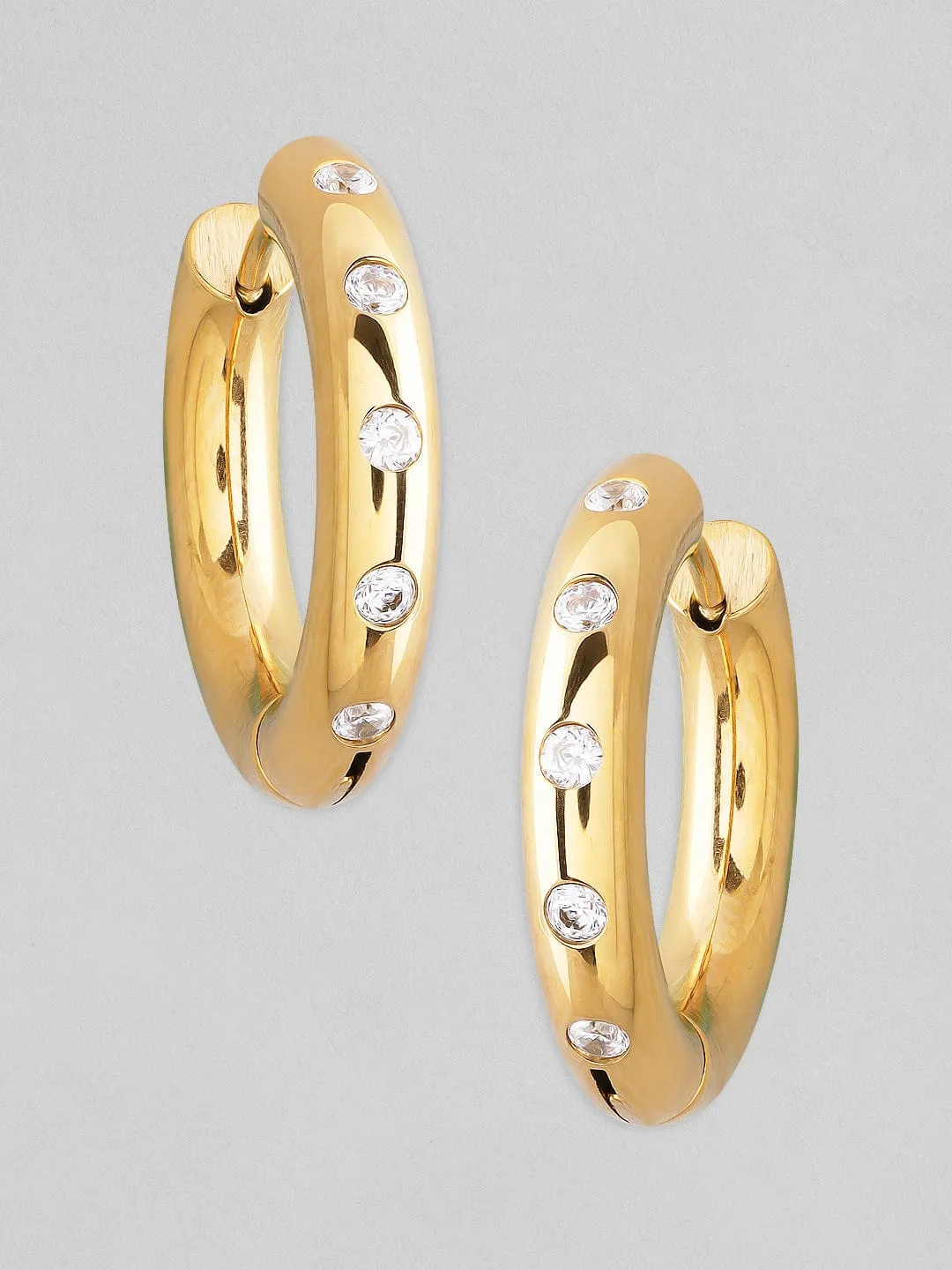 Rubans Voguish 18K Gold Plated Stainless Steel Waterproof Huggie Earrings With Zircons Studded