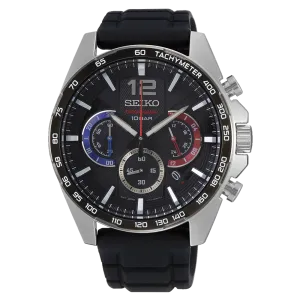 Seiko Chronograph Black Dial Silicone Strap Watch SSB347