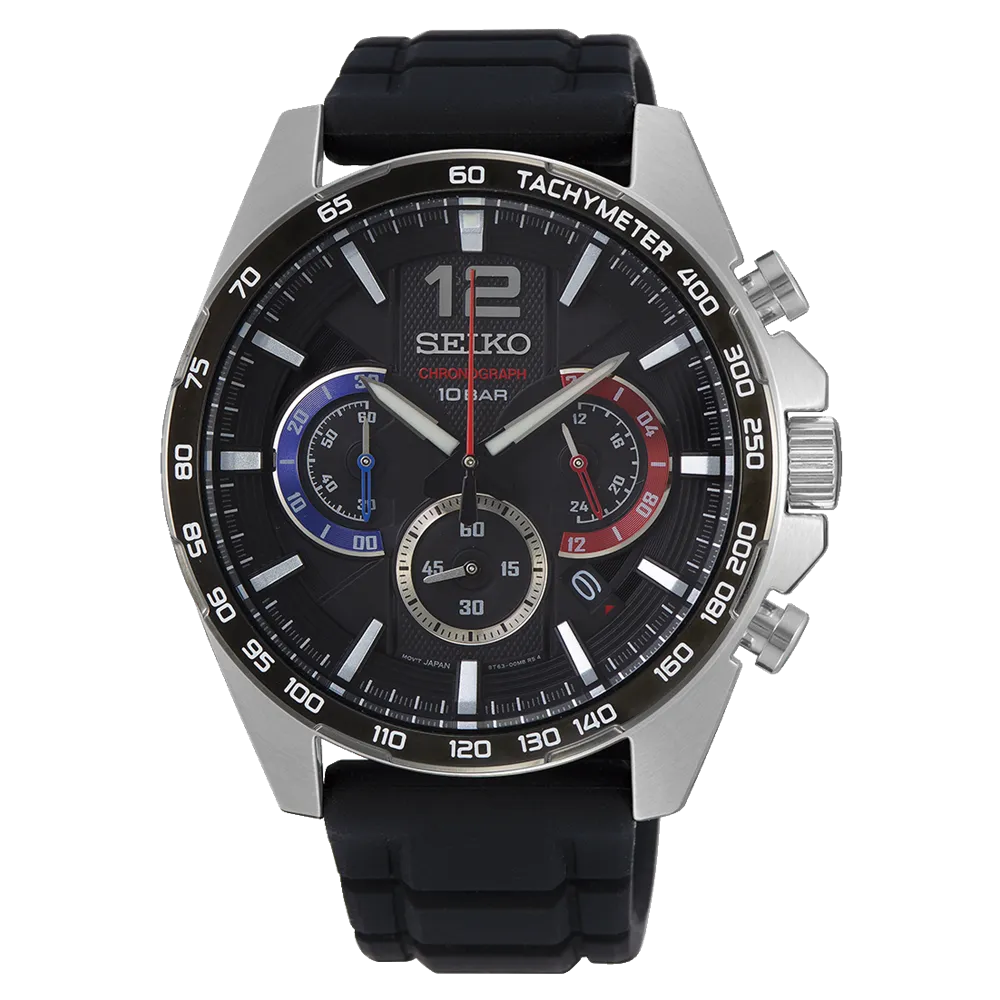 Seiko Chronograph Black Dial Silicone Strap Watch SSB347