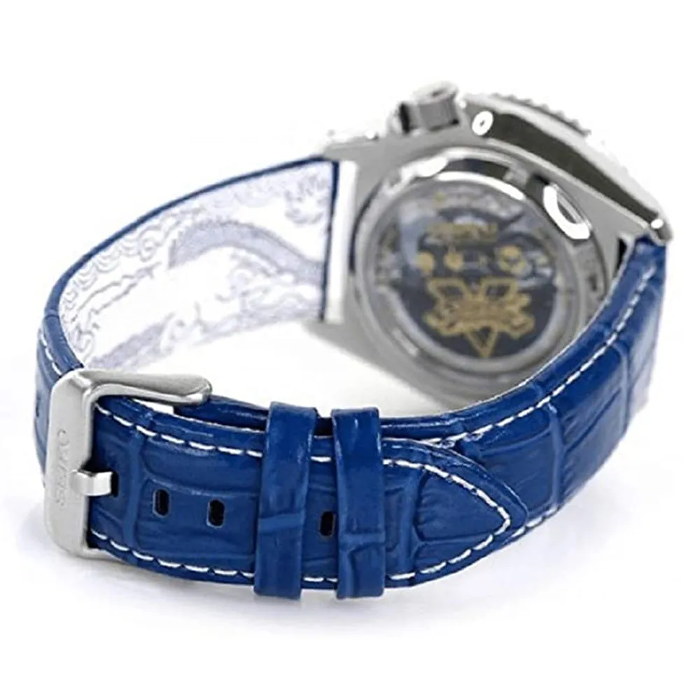 Seiko Mens Blue Dial Leather Band Stainless Steel Automatic Watch- SRPF17