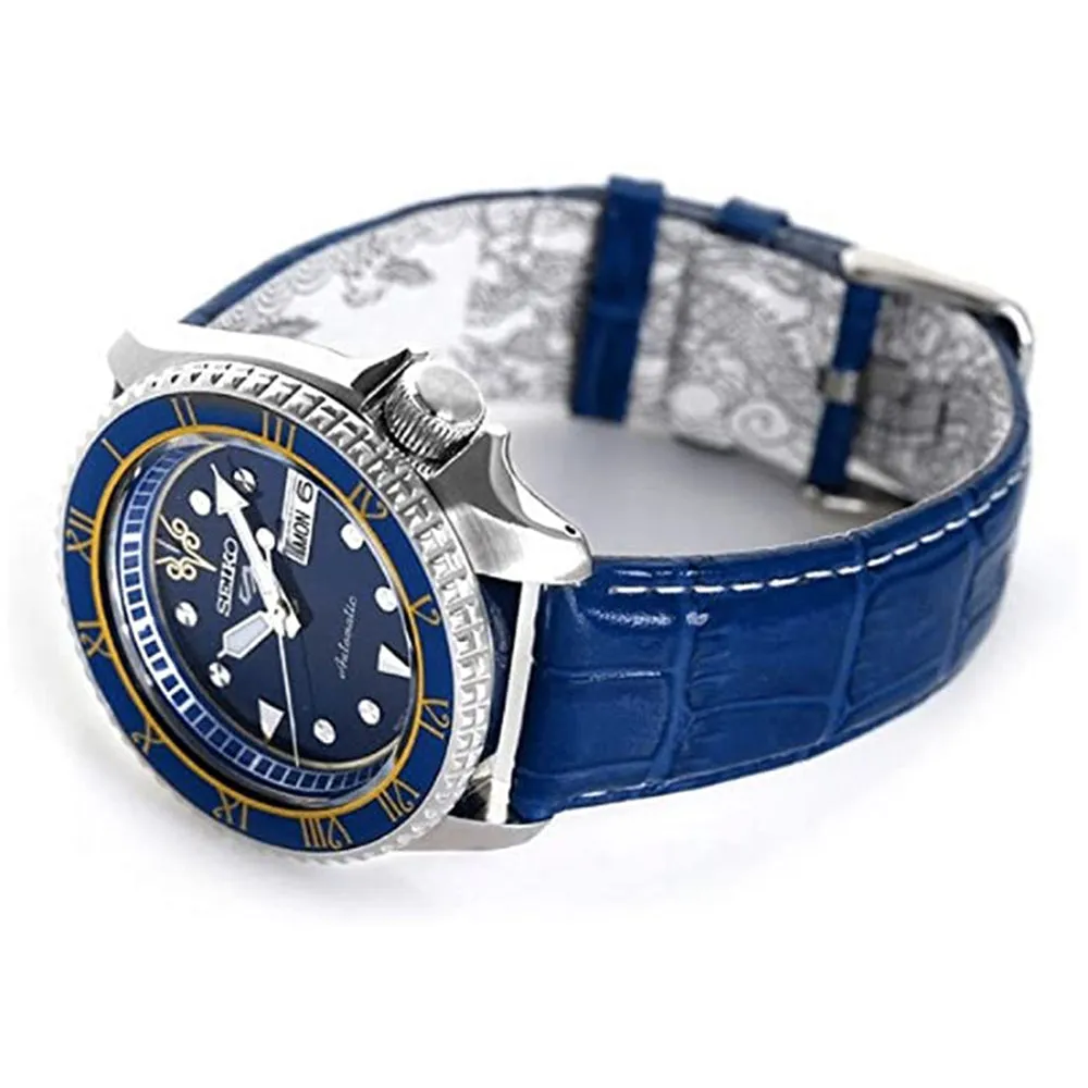 Seiko Mens Blue Dial Leather Band Stainless Steel Automatic Watch- SRPF17