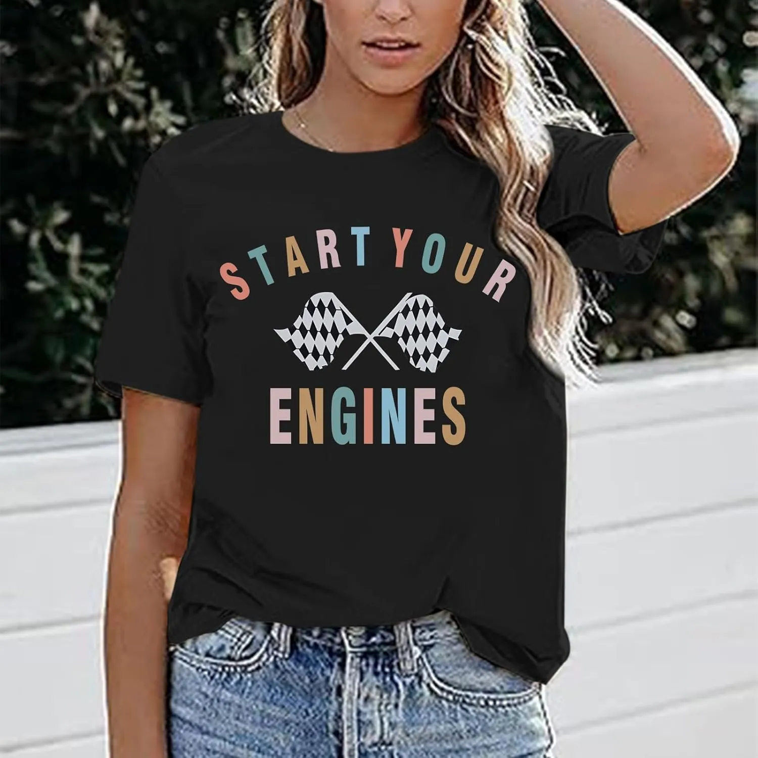Vintage Racing Shirt Checkered Flag Graphic Tees Womens Start Your Engines Tshirt Race Day Shirts Short Sleeve Tops