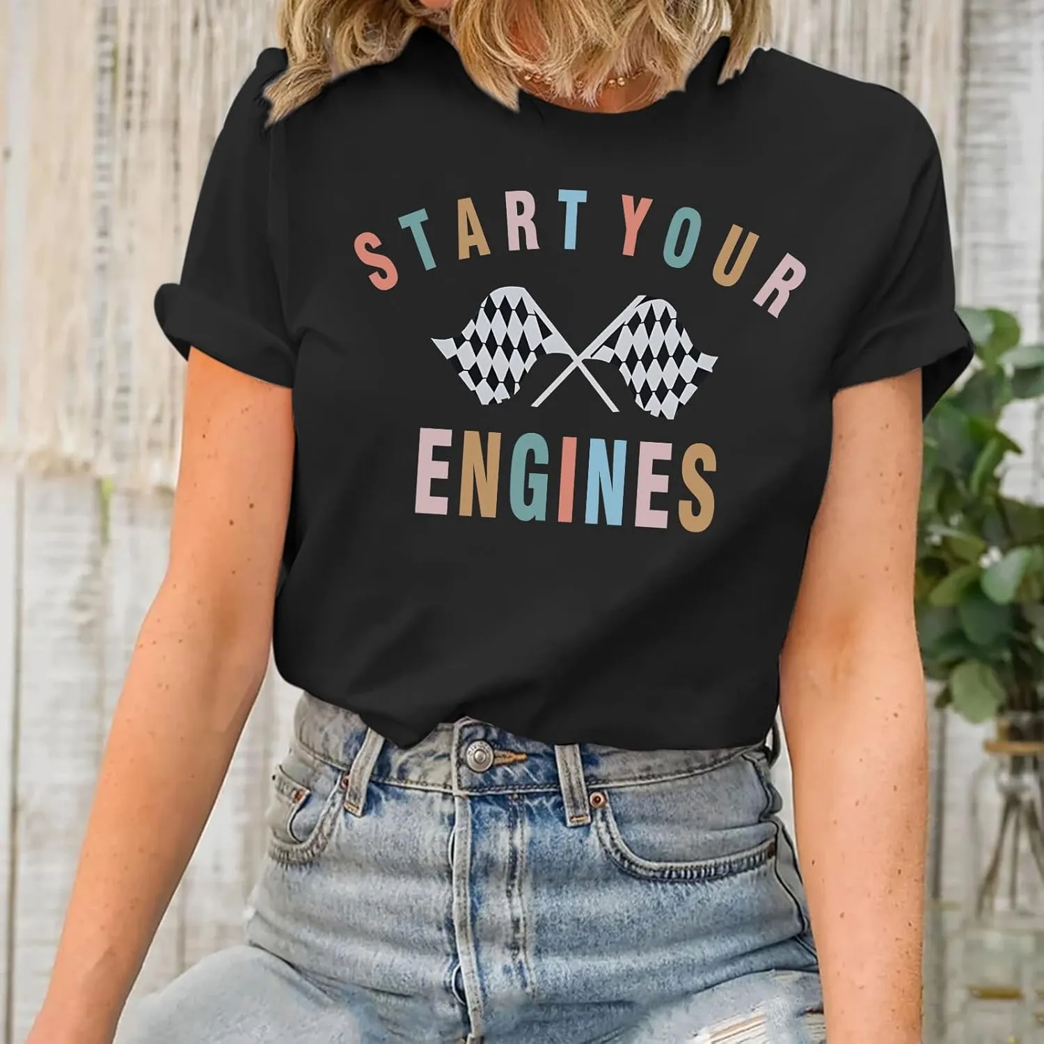 Vintage Racing Shirt Checkered Flag Graphic Tees Womens Start Your Engines Tshirt Race Day Shirts Short Sleeve Tops