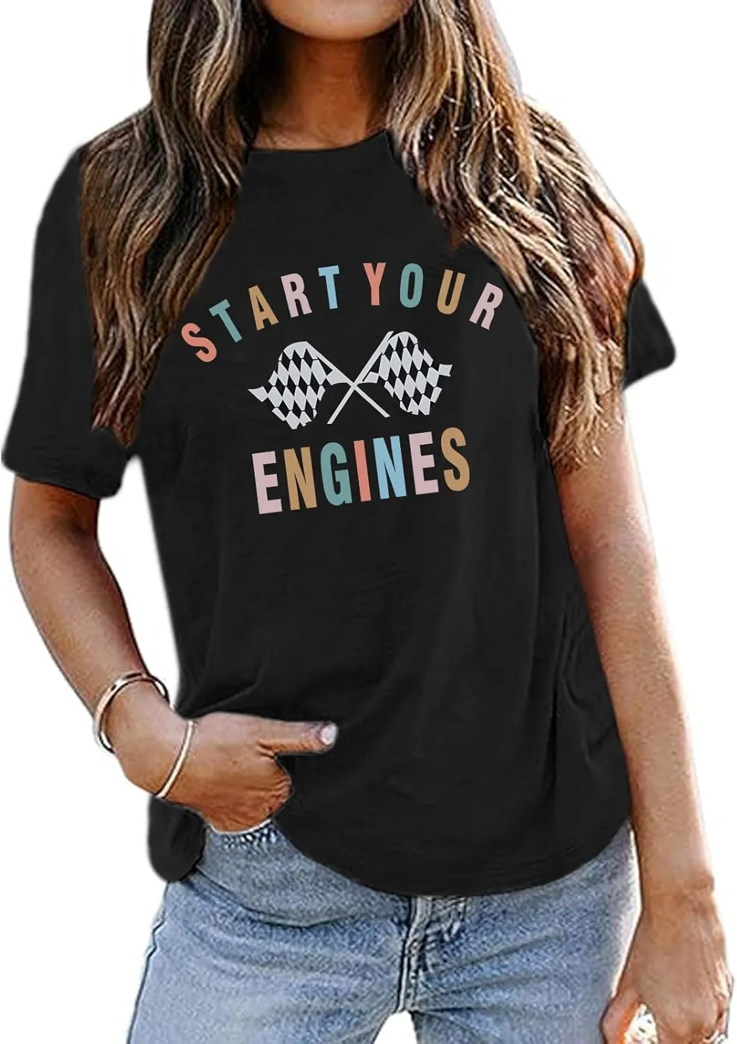 Vintage Racing Shirt Checkered Flag Graphic Tees Womens Start Your Engines Tshirt Race Day Shirts Short Sleeve Tops