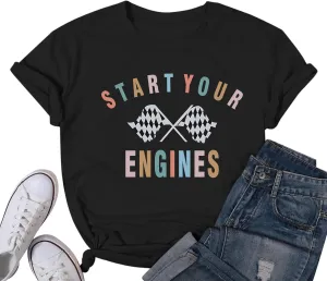 Vintage Racing Shirt Checkered Flag Graphic Tees Womens Start Your Engines Tshirt Race Day Shirts Short Sleeve Tops