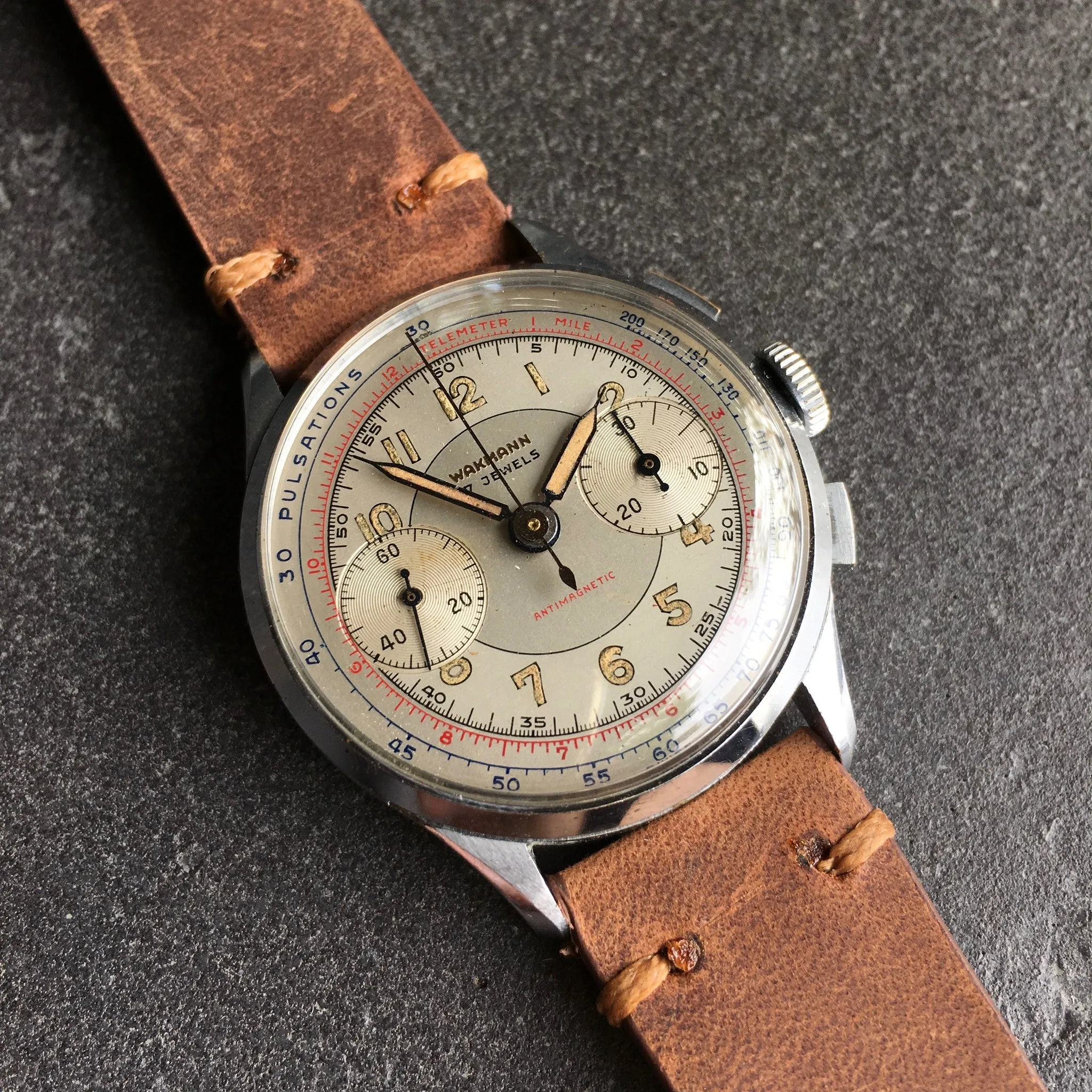 Vintage Wakmann Antimagnetic Pulsations Landeron 48 Chronograph Wristwatch