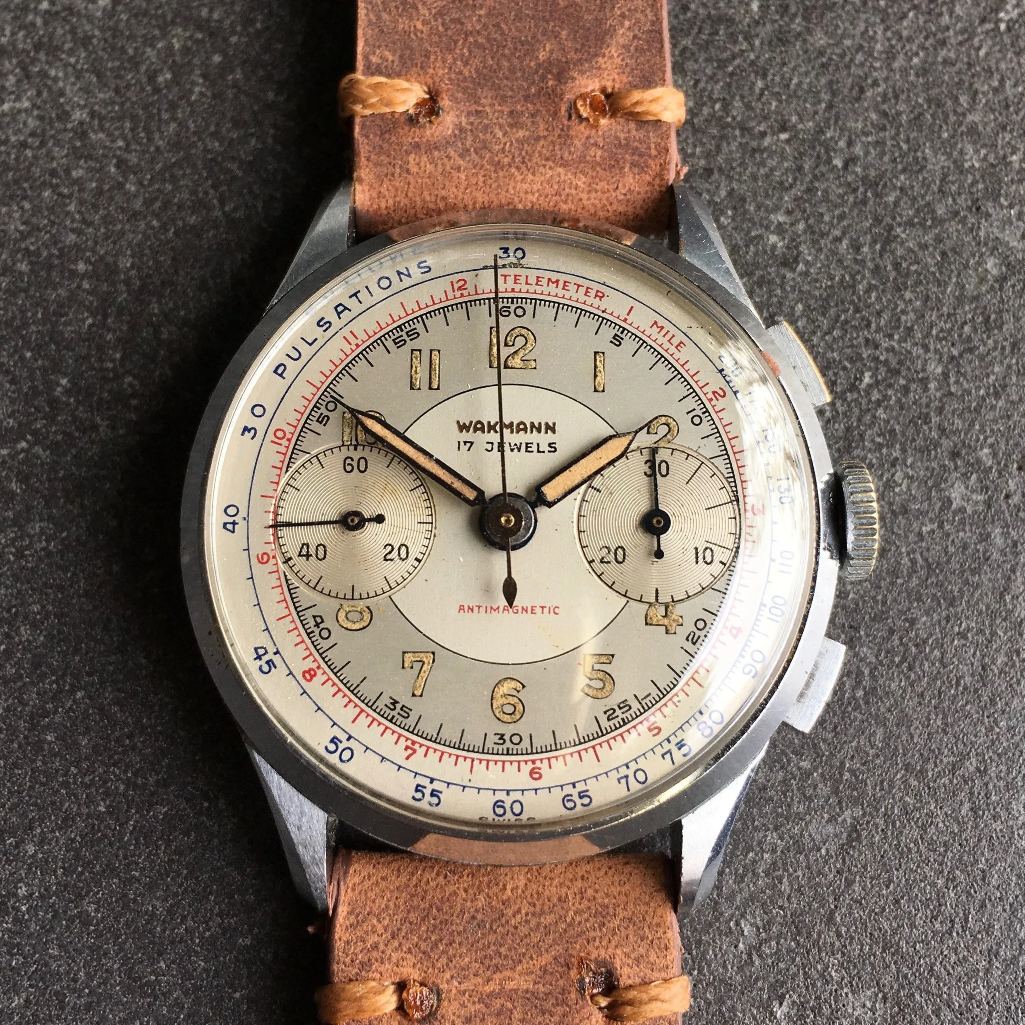 Vintage Wakmann Antimagnetic Pulsations Landeron 48 Chronograph Wristwatch